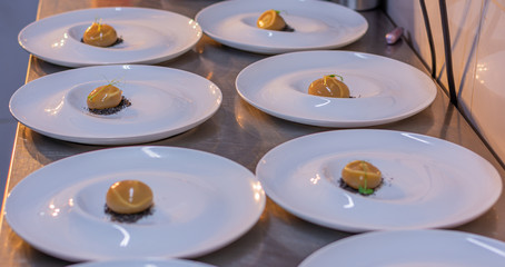  Fine dining. Closeup of food stylish. Restaurant serving.