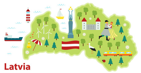 Obraz na płótnie Canvas Vector stylized travel map of Latvia. Baltic sea. Flat style illustration. Dancing woman and man in traditional costumes. Latvian flag and symbols, animals and infrastructure.