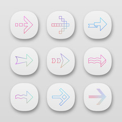 Arrows app icons set. Wavy, pixel, folding, striped, dashed next arrows. Arrowheads pointing to right direction. UI/UX user interface. Web or mobile applications. Vector isolated illustrations
