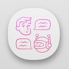 Chatbot app icon. Online customer support bot. Help service. Man chatting with bot application. Artificial intelligence. UI/UX user interface. Web or mobile applications. Vector isolated illustrations