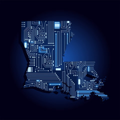 Contour map of Louisiana with a technological electronics circuit. USA state. Blue background.