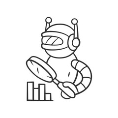 Monitoring bot linear icon. Machine learning. Artificial intelligence. Internet robot with magnifying glass. Thin line illustration. Contour symbol. Vector isolated outline drawing. Editable stroke