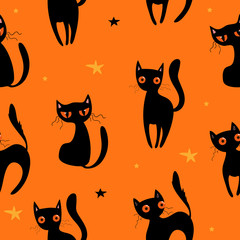 Halloween seamless pattern with cute pumpkins, black cat and other halloween elements. Halloween vector background. EPS 10