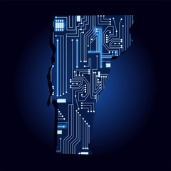 Contour map of Vermont with a technological electronics circuit. USA state. Blue background.