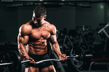 Fototapeta na wymiar Bodybuilder Lifting Weights at the Gym. Performing Biceps Exercises