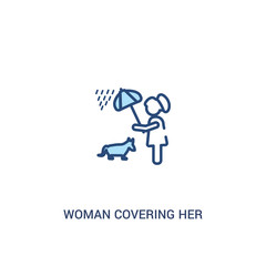 woman covering her pet with an umbrella concept 2 colored icon. simple line element illustration. outline blue woman covering her pet with an umbrella symbol. can be used for web and mobile ui/ux.