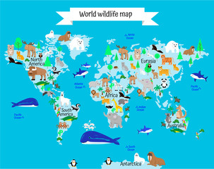 World map with animals and plants. world of wildlife. Continents and oceans, geography for children © Elena