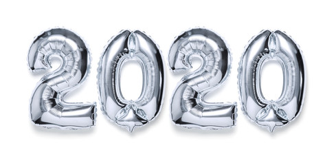2020 inflatable silvery numbers with shadow on white isolated background. New year winter...