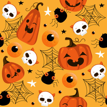 Halloween seamless pattern with cute pumpkins and other halloween elements. Halloween vector background. EPS 10