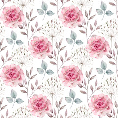 Watercolor hand painted seamless pattern of pink roses and green leaves.