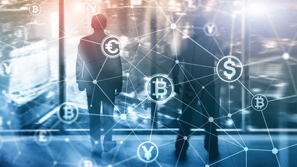 Double exposure Bitcoin and blockchain concept. Digital economy and currency trading.
