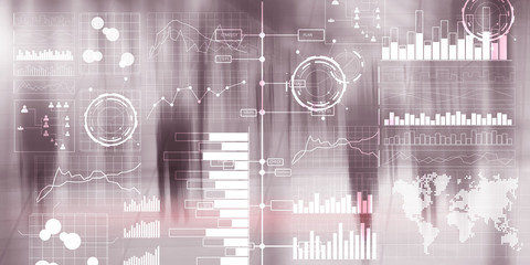 Business intelligence dashboard with key performance indicators on a virtual screen computer...