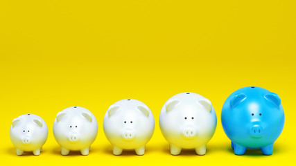 Economic concept of increased savings with a row of piggy banks on yellow background. 3D Rendering