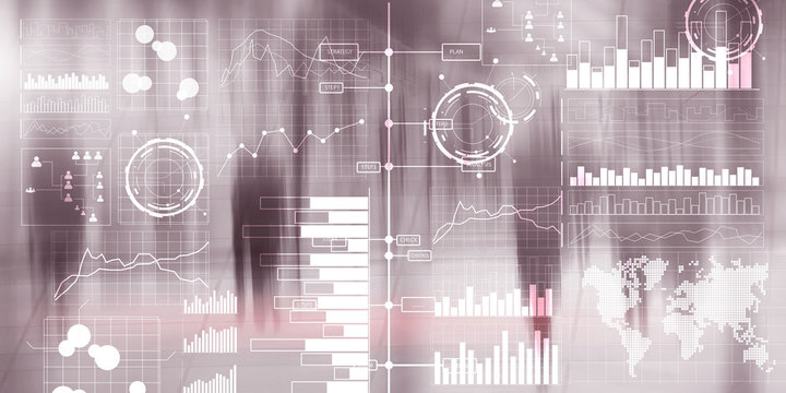 Business intelligence dashboard with key performance indicators on a virtual screen computer interface.