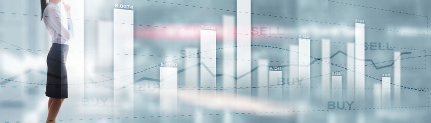 Fototapeta premium Buy and sell finacial concept. Business Graph Stock Market chart. Digital charts and screen interface. Panoramic banner.