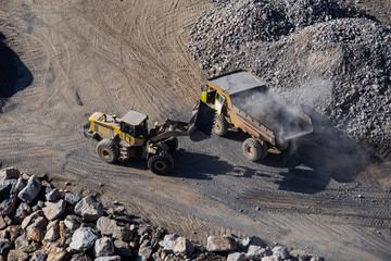 Excavator loading dumper truck on mining site stock photo © romul014