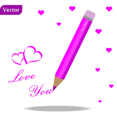Valentines day a Cute pink sheet of a pack of writing paper with pink hearts and a handwritten inscription I love you and a red pink on a white background. Vector Illustration
