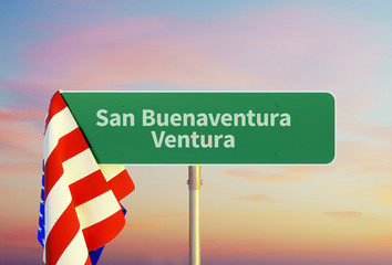 Rancho Santa Margarita – California. Road or Town Sign. Flag of the united states. Sunset oder Sunrise Sky. 3d rendering