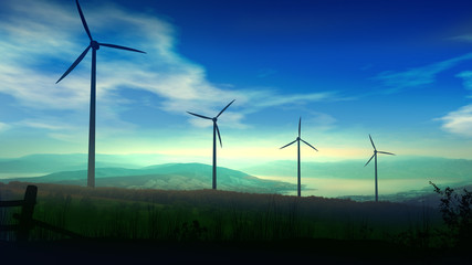 Silhouettes of wind turbines against the background of a beautiful landscape