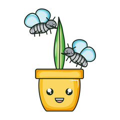 house plant in ceramic pot with insects flying kawaii style