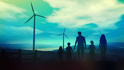 Family with children on the background of wind power plants