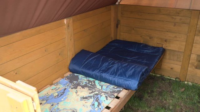 Scout Summer Camp Platform tents with one bed frame, appear comfortable sleeping bag in Stop Motion