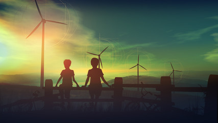 Fototapeta na wymiar Children watching wind power plants in the evening sky