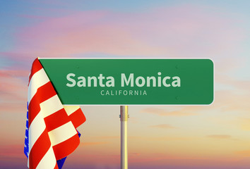 Santa Monica – California. Road or Town Sign. Flag of the united states. Sunset oder Sunrise Sky. 3d rendering