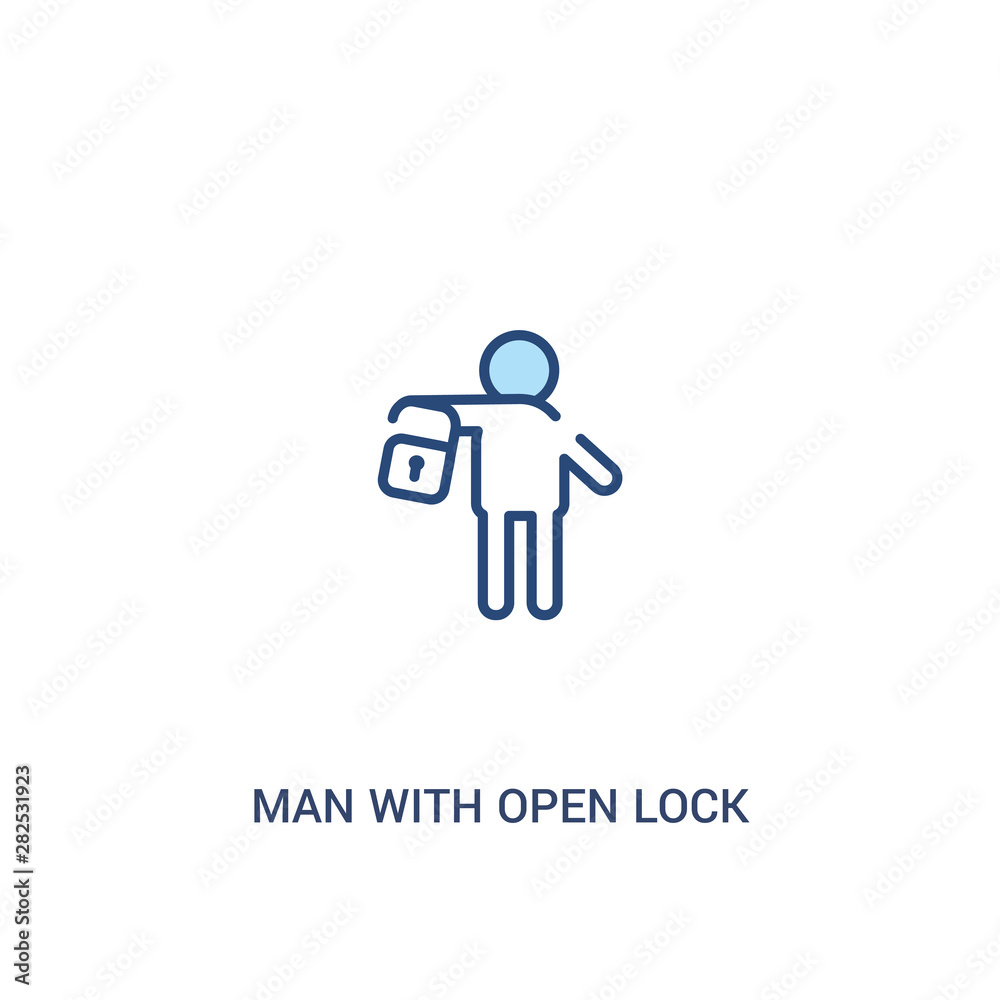 Poster man with open lock concept 2 colored icon. simple line element illustration. outline blue man with o