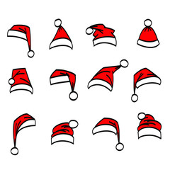 Set of red Santa cristmas hats of different shapes. Hand drawn cartoon doodle style.