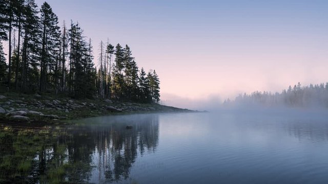 Colorful time-lapse of a beautiful lake with a layer of fog moving in the wind while sunrise filmed at the Oderteich in the Harz region of Germany.