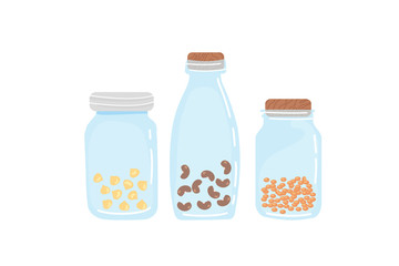 Set of glass jars with lentils, chickpeas, beans. Zero waste food storage. No plastic. Hand drawn vector Illustration isolated on white background