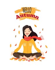 Vector illustration character design beautiful girl with scarf and word hello autumn. Young woman doing yoga in autumn park