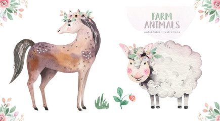 Farms animal isolated set. Cute domestic farm pets watercolor illustration. horse and sheep design. Baby shower