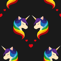 Unicorn with closed eyes. Rainbow mane. Seamless vector illustration.