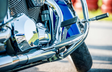Motorcycle with nickel-plated engine, close up photo