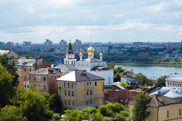 Nizhny Novgorod, Russia, July 12, 2019. Aerial panoramic view of the city in summer day.