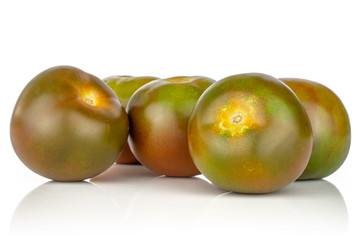 Group of five whole fresh greenish red tomato isolated on white background