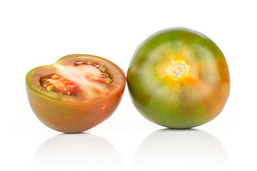 Group of one whole one half of fresh greenish red tomato isolated on white background