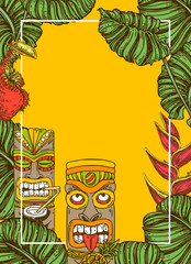 Flyer for  tiki party. Background with wooden idols, tropical flowers and leaves, cocktail. Color. Engraving style. Vector illustration. - obrazy, fototapety, plakaty