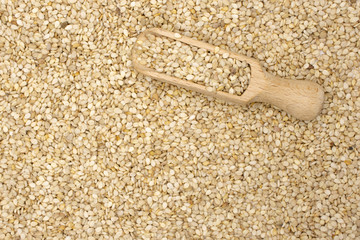 Lot of whole unpeeled sesame seeds with wooden scoop flatlay isolated