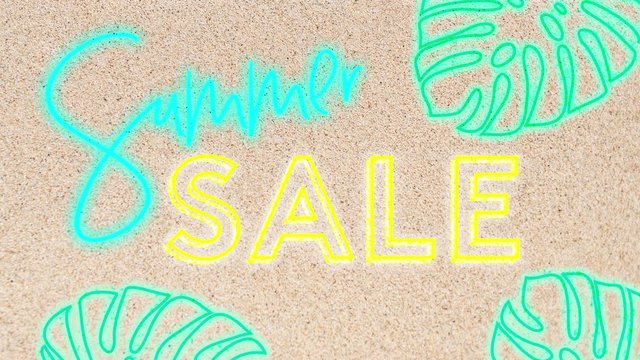 Summer sale neon sign text flickering on sand flat lay background