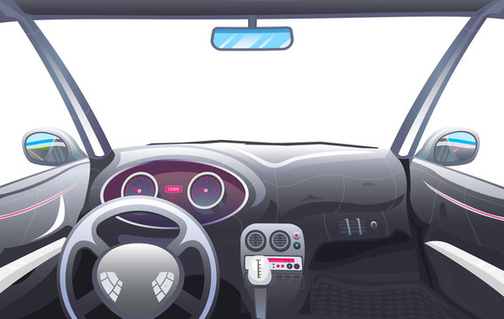 Vehicle salon, Driver view. Dashboard control in a smart car. Virtual control or auto piloted simulation. Autonomous Electric Automobile. Vector illustration.