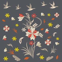 Fototapeta na wymiar Bright flowers, flying wild ducks - dark gray trend color background - vector. Hello, Autumn
