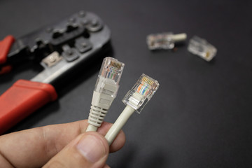making crimp for ethernet network rj45 wire with crimping tool. step by step process.