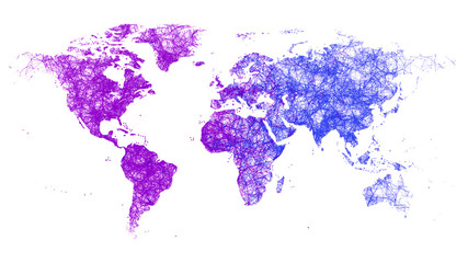World map drawn with violet and light blue abstract lines on a light background