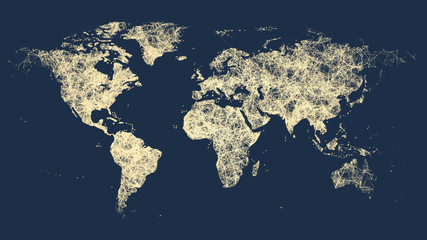 Weltkarte gezeichnet mit abstrakten goldenen Linien auf einem dunkelblauen Hintergrund © dnapslvsk