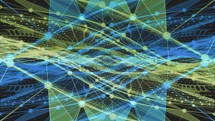 a dark background with figures formed by astract lines and dots of light green and blue colors