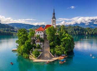 Bled, Slovenia - Aerial view of beautiful Pilgrimage Church of the Assumption of Maria on a small...