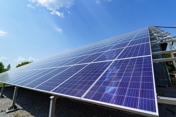 Solar panel on sky background. Photovoltaic power supply systems. Solar power plant. The source of...